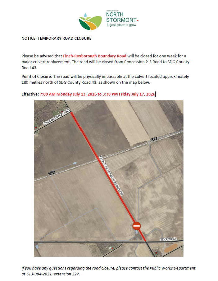 Closure notice showing a map of Finch Roxborough-Boundary Road